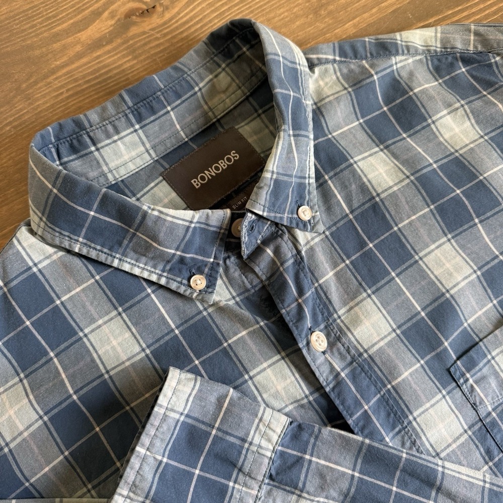 Bonobos Men's Large Slim Fit Blue White Plaid Long Sleeve Button Down Shirt